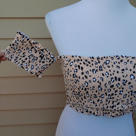 Xhilaration Animal Print Bikini Top Tan Smocked Off-Shoulder Lace-Up NWT - Picture 4 of 13